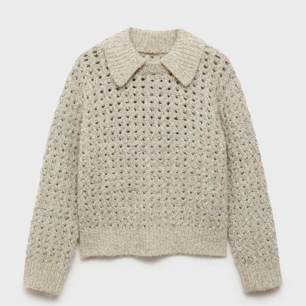 Mango Sand Open-Knit Collared Sweater - Picture 1 of 5